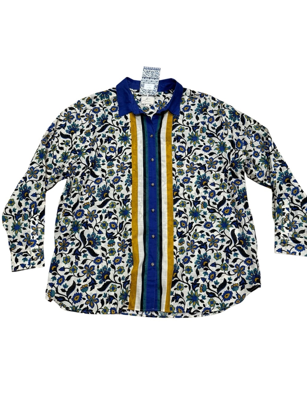 Sézane x Momoni Sz 44 / US 12 Blouse Blue Mustard Black Floral Button-Front Top - Picture 4 of 10